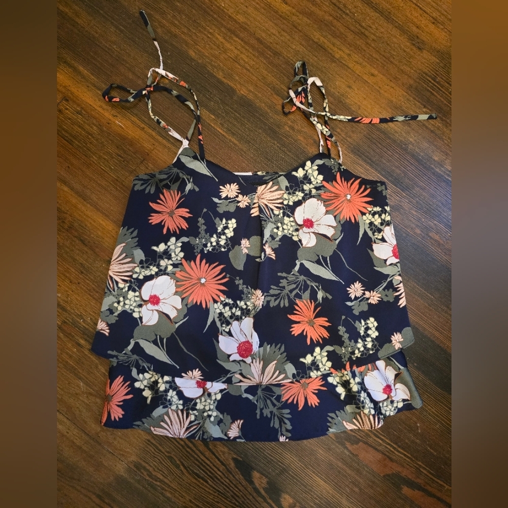 Banana Republic Blue and Pink Floral Tiered Tank Top
